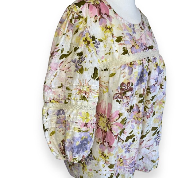 Sanctuary Linen Blend Top Ivory Eyelet Gathered Keyhole Back Floral 3/4 Sleeve - Picture 5 of 9